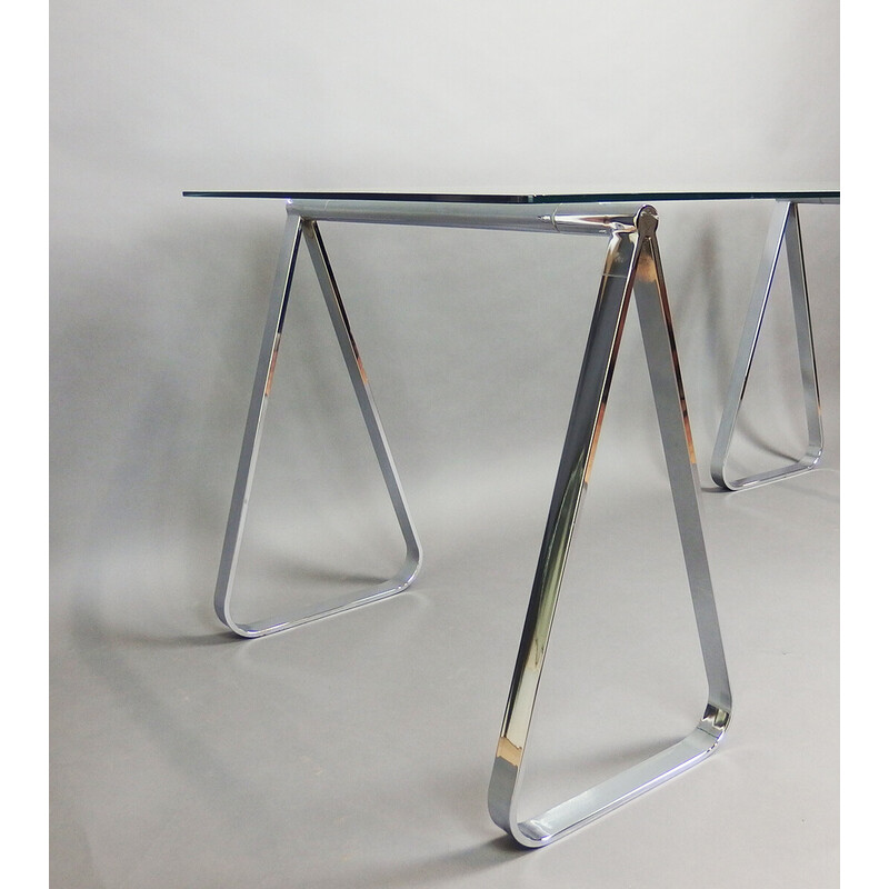 Pair of vintage chrome and glass trestle tables, France 1980