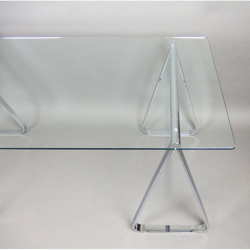 Pair of vintage chrome and glass trestle tables, France 1980