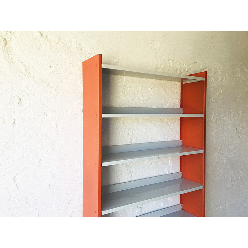 Vintage bookcase in light gray and orange metal, 1960