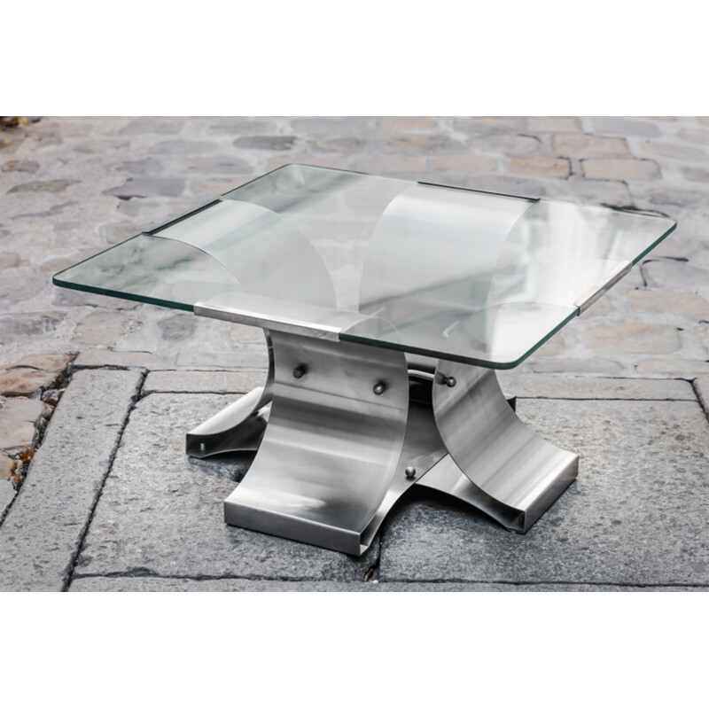 Brushed steel sheet and glass coffee table by François Monnet 