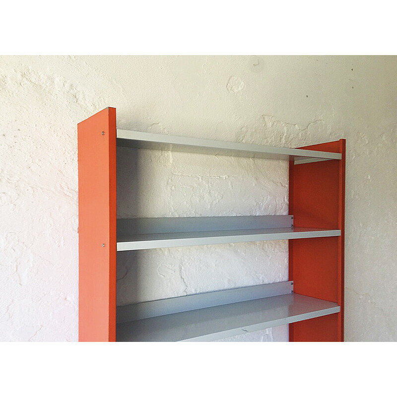 Vintage bookcase in light gray and orange metal, 1960