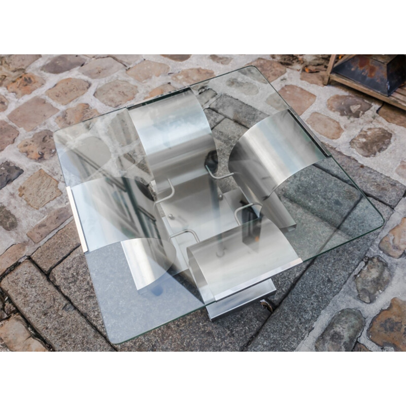 Brushed steel sheet and glass coffee table by François Monnet 