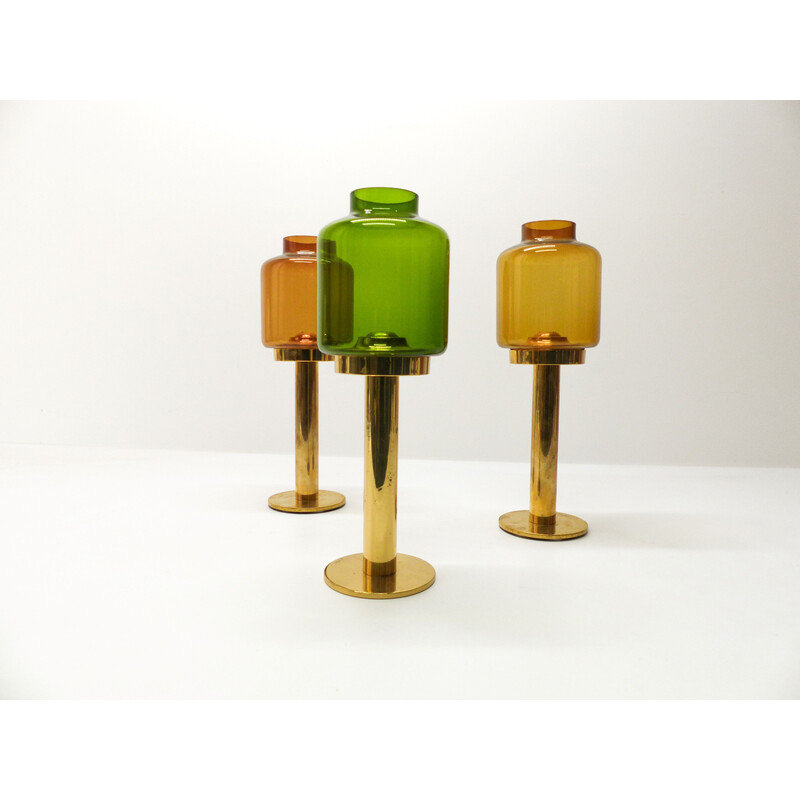 Set of 3 vintage candlesticks in gilded brass and glass by Hans-Agne Jakobsson for Markaryd