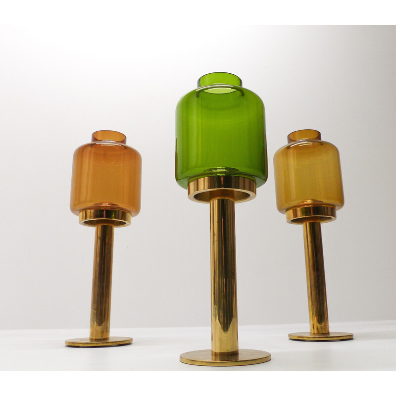 Set of 3 vintage candlesticks in gilded brass and glass by Hans-Agne Jakobsson for Markaryd