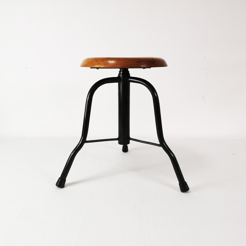 Vintage Bauhaus industrial swivel stool in metal and beech, Poland 1970