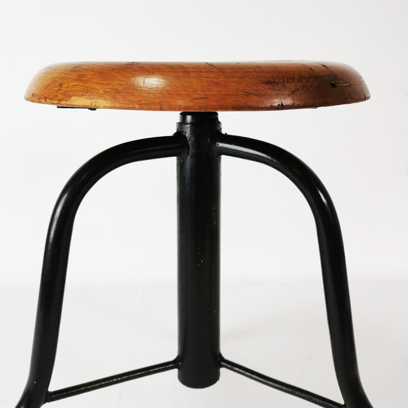 Vintage Bauhaus industrial swivel stool in metal and beech, Poland 1970