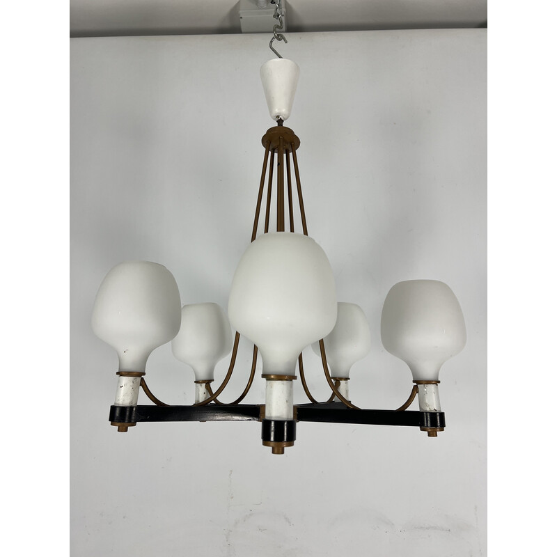 Vintage Antique Brass 3 Arm Light Fitting Chandelier With Opaline