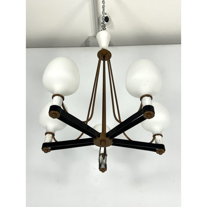 Vintage chandelier in brass and opaline glass with 5 arms, Italy 1950