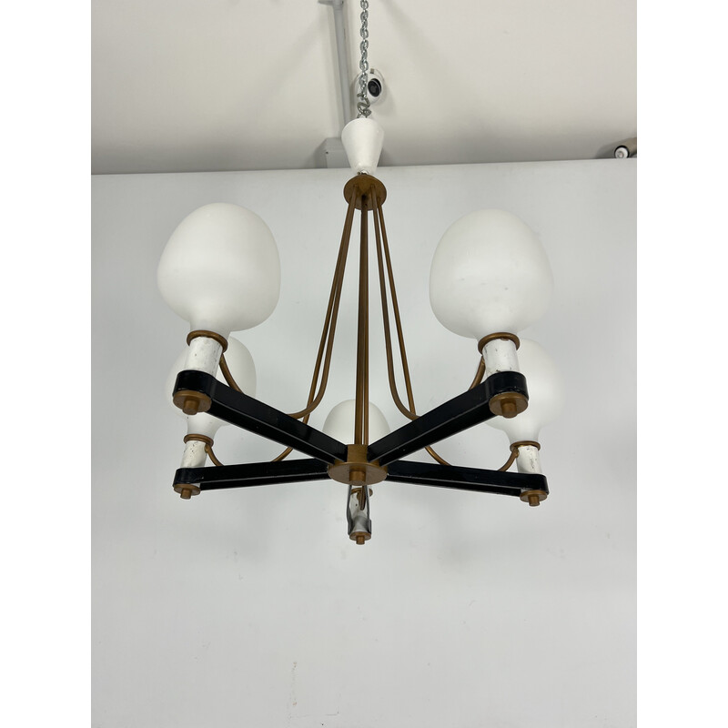 Vintage chandelier in brass and opaline glass with 5 arms, Italy 1950