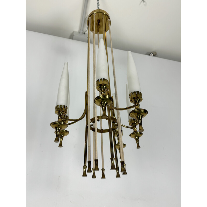 Set of 6 vintage chandeliers in brass and opaline glass for Arredoluce Monza, Italy 1950