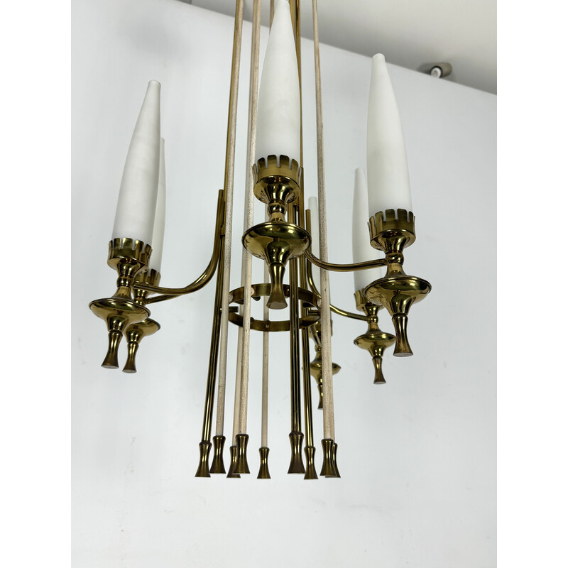 Set of 6 vintage chandeliers in brass and opaline glass for Arredoluce Monza, Italy 1950