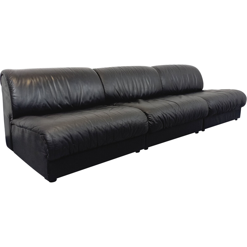 Vintage 3-seater sofa in black leather for Delta Studio, Italy 1970