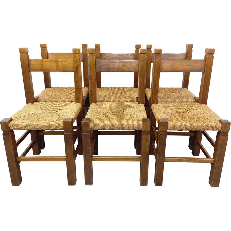 Set of 6 vintage chairs in solid oak wood and straw, 1960