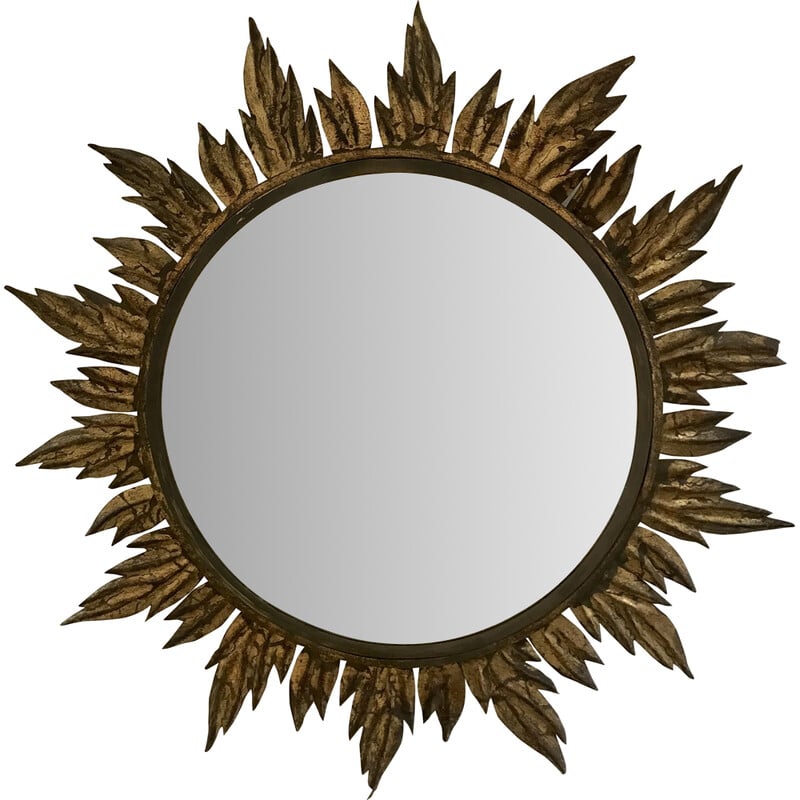 Vintage sun mirror decorated with leaves in gold metal, 1950