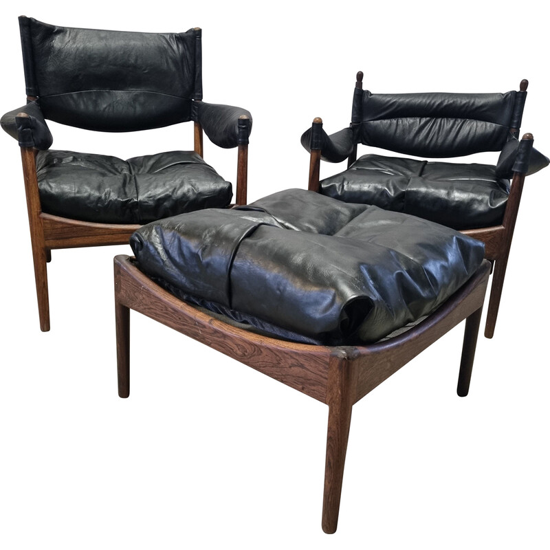 Pair of vintage rosewood and leather armchairs with ottoman by Kristian Vedel "Modus" for Willadsen Møbelfabrik, 1960