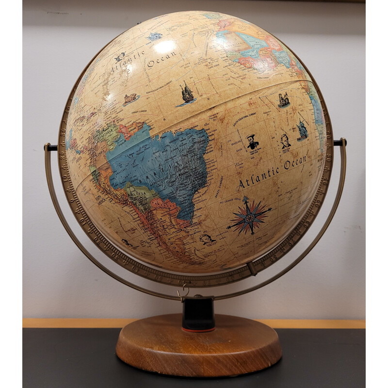 Vintage “Word Antique” globe in natural wood and papier-mâché for Reader's Digest, Denmark 1980