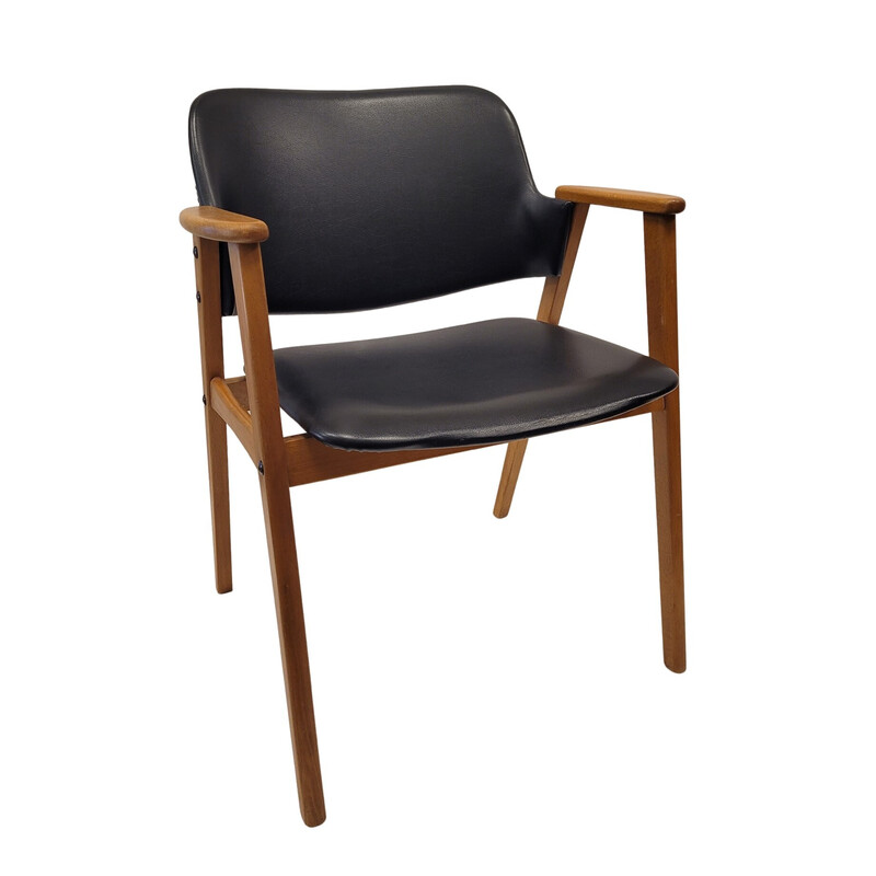 Vintage armchair in teak wood and black leather by Erik Kirkegaard for Glostrup Møbelfabrik Furniture, Denmark