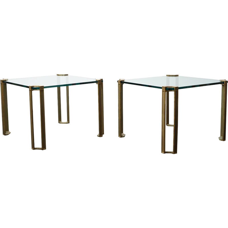 Par de mesas de centro vintage em vidro dourado e ferro de Peter Ghyczy, Holanda 1970
