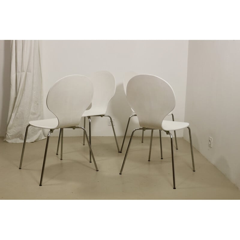 Set of 4 vintage living room chairs in bentwood veneer and chrome, France 1970