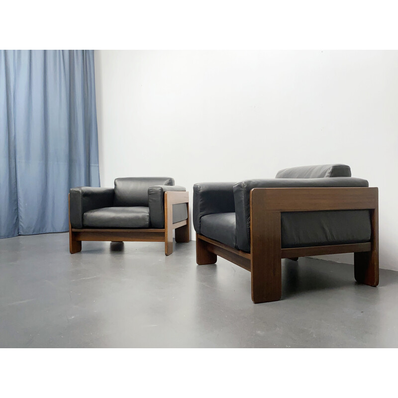 Pair of vintage black leather armchairs by Tobia Scarpa for Gavina, Italy 1970