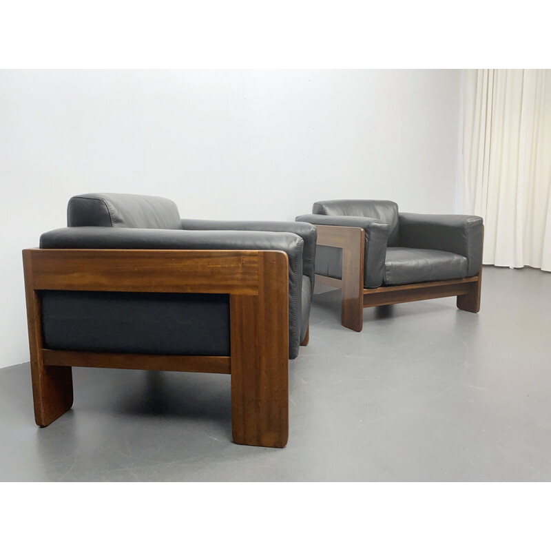 Pair of vintage black leather armchairs by Tobia Scarpa for Gavina, Italy 1970