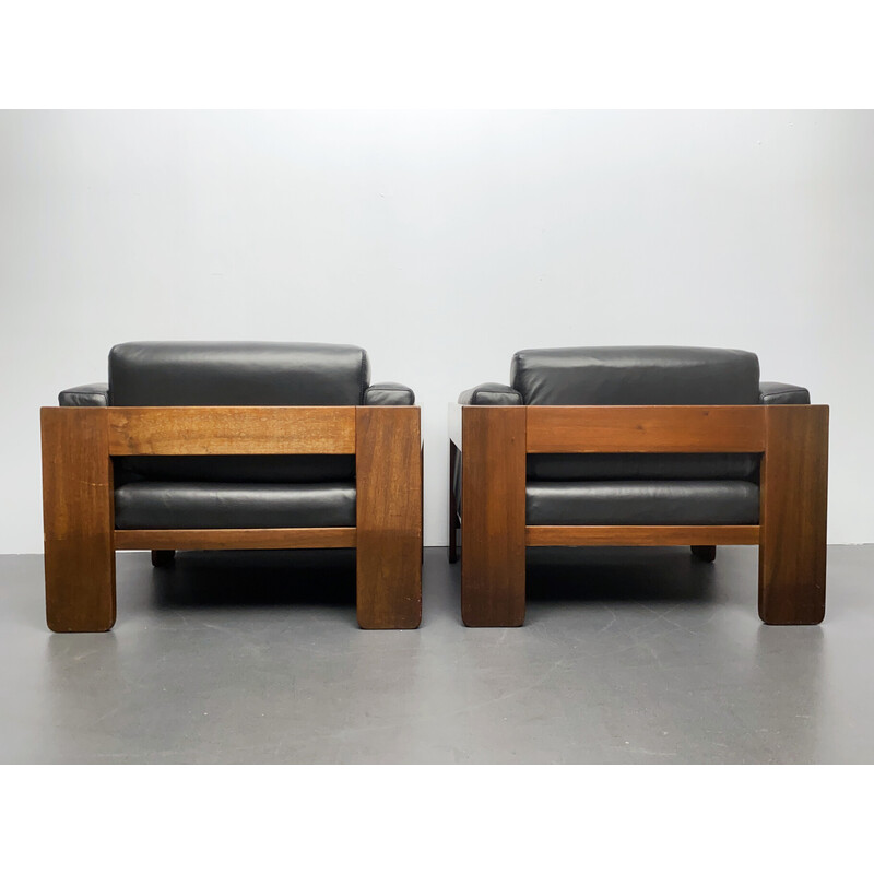 Pair of vintage black leather armchairs by Tobia Scarpa for Gavina, Italy 1970