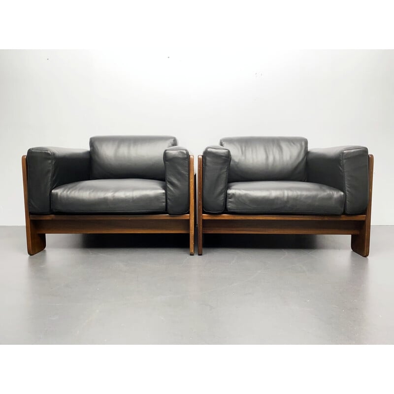 Pair of vintage black leather armchairs by Tobia Scarpa for Gavina, Italy 1970