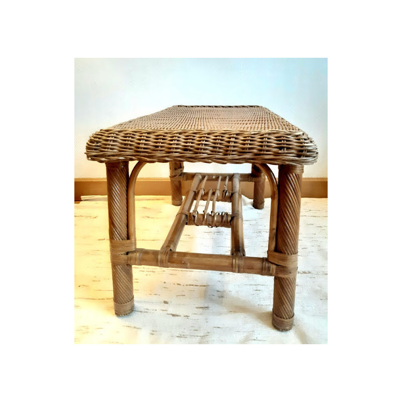 Table basse vintage rectangulaire en rotin, 1970