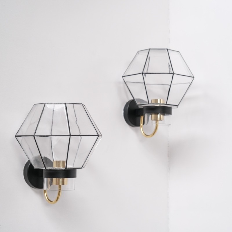 Pair of vintage glass and brass wall lamp, Germany 1970