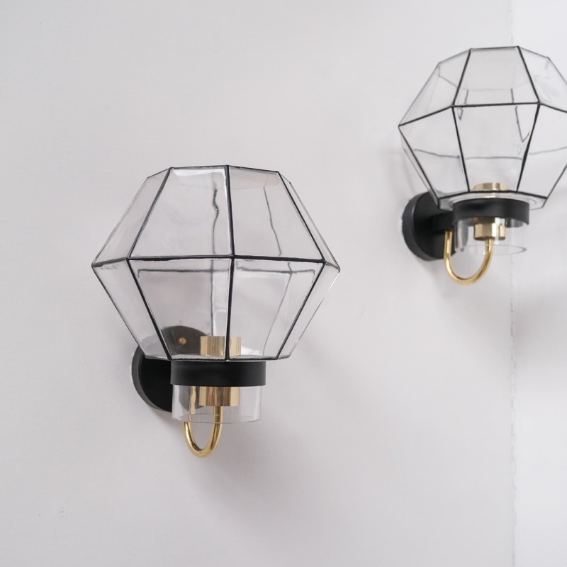 Pair of vintage glass and brass wall lamp, Germany 1970