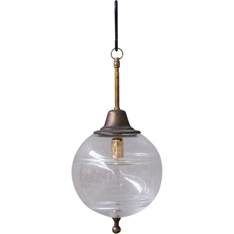 Vintage pendant lamp in transparent glass and brass, Netherlands 1950