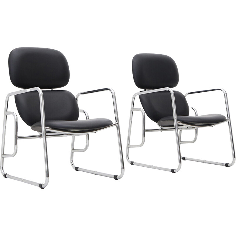 Pair of vintage armchairs in chrome metal and black imitation leather, Italy 1960