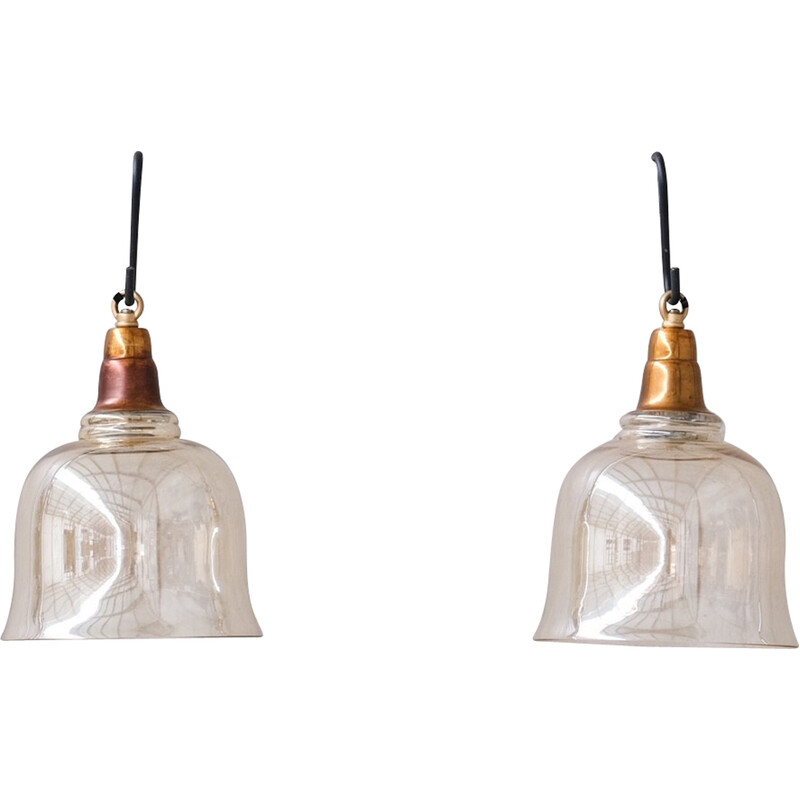 Vintage “bell pendant” pendant lamp in brass and smoked glass, France 1960