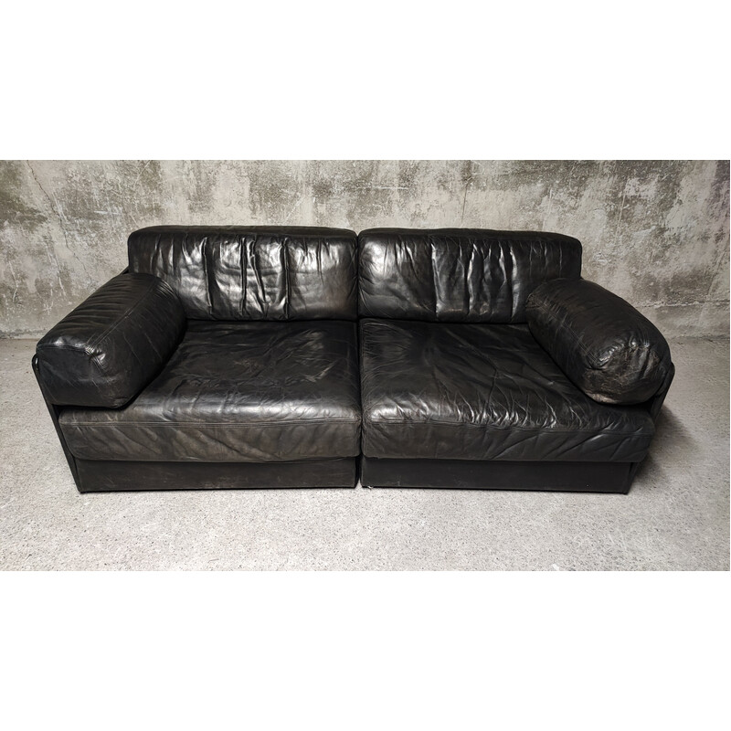 Vintage DS-76 modular 2-seater sofa in black leather for De Sede, Switzerland 1970