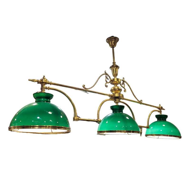 Vintage billiard lamp with 3 green tulips, France