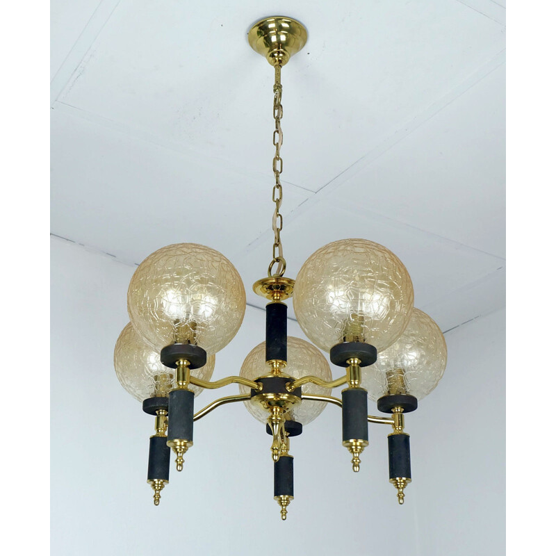 Golden hanging lamp in brass and glass - 1960s