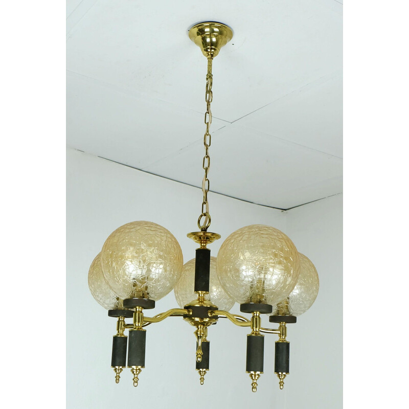 Golden hanging lamp in brass and glass - 1960s