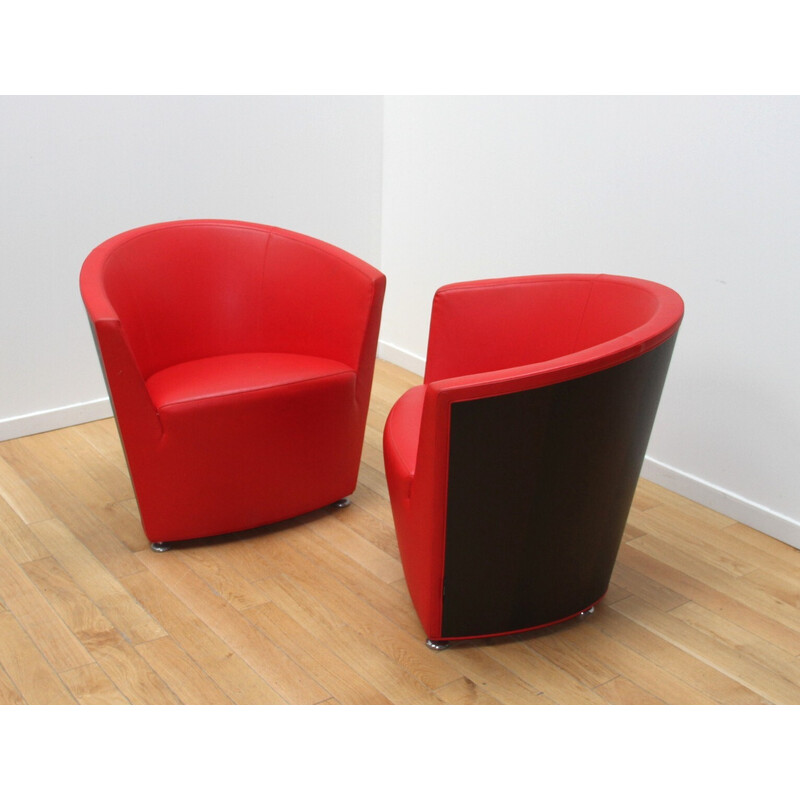 Pair of vintage Parentesi armchairs in red-tinted leather and wood by Pietro Arosio for Taccini