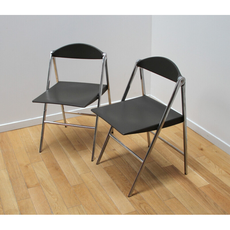 Pair of vintage Donald folding chairs in chrome-plated metal and leather by Poltrona Frau