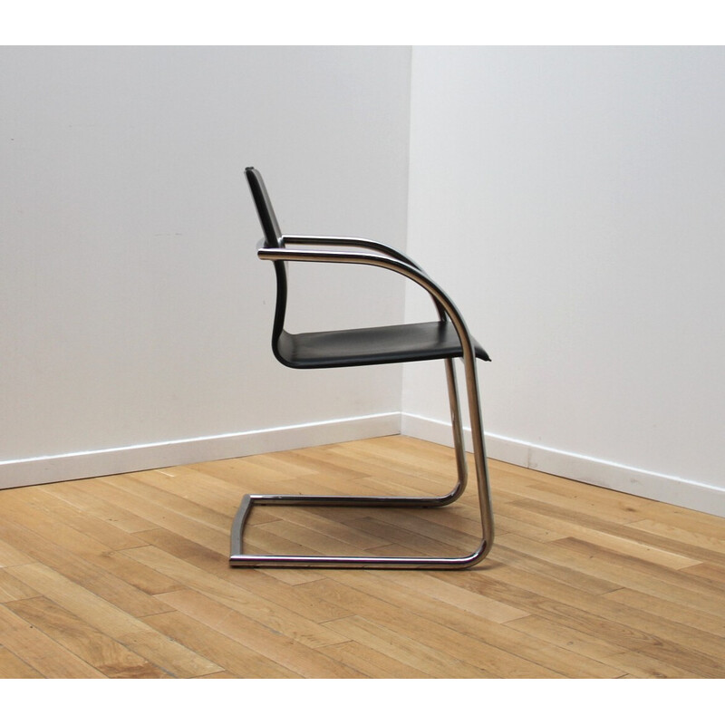 Vintage office chair in chrome-plated metal and black-tinted leather