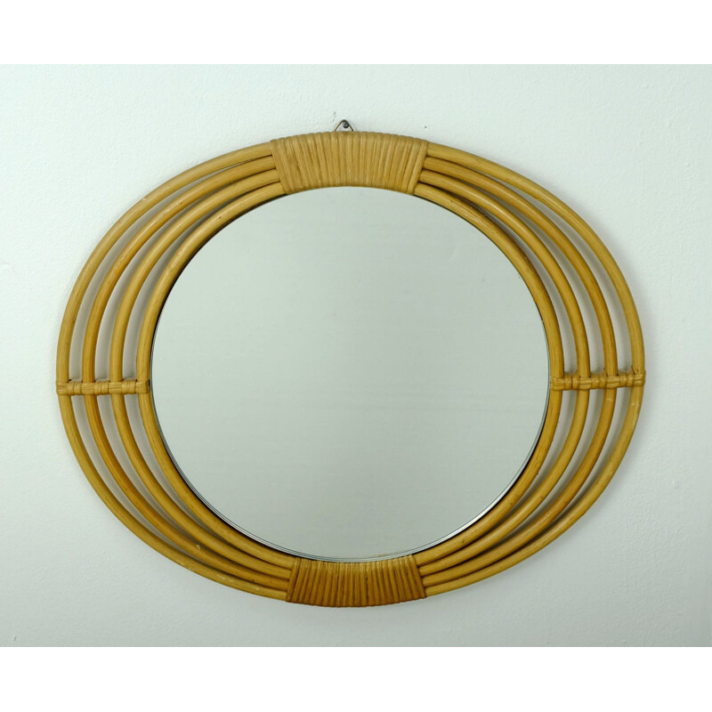 Beige mirror in rattan and glass with oval frame - 1950s