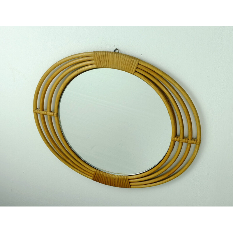 Beige mirror in rattan and glass with oval frame - 1950s