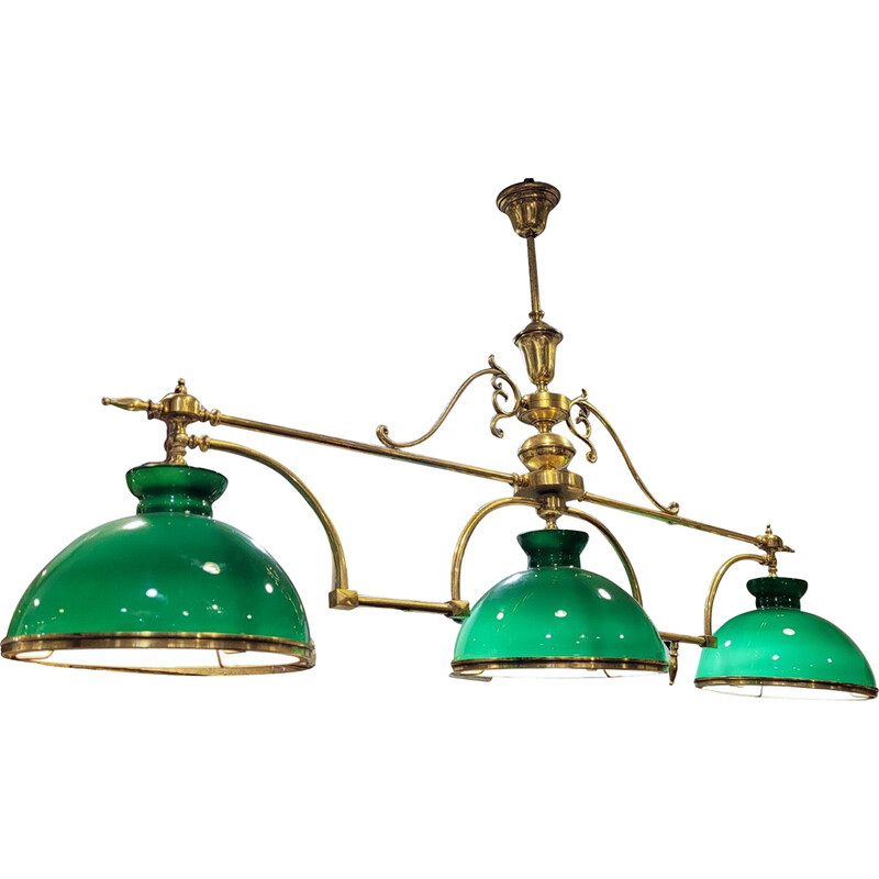 Vintage billiard lamp with 3 green tulips, France