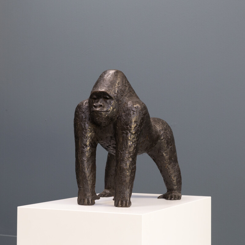 Sculpture vintage singe 'Bokita' en bronze et céramique par Caroline Van Lange