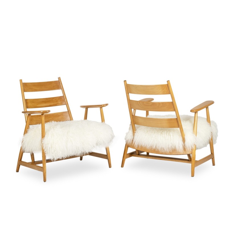 Pair of vintage armchairs in blond beech and Tibetan goatskin, France 1950