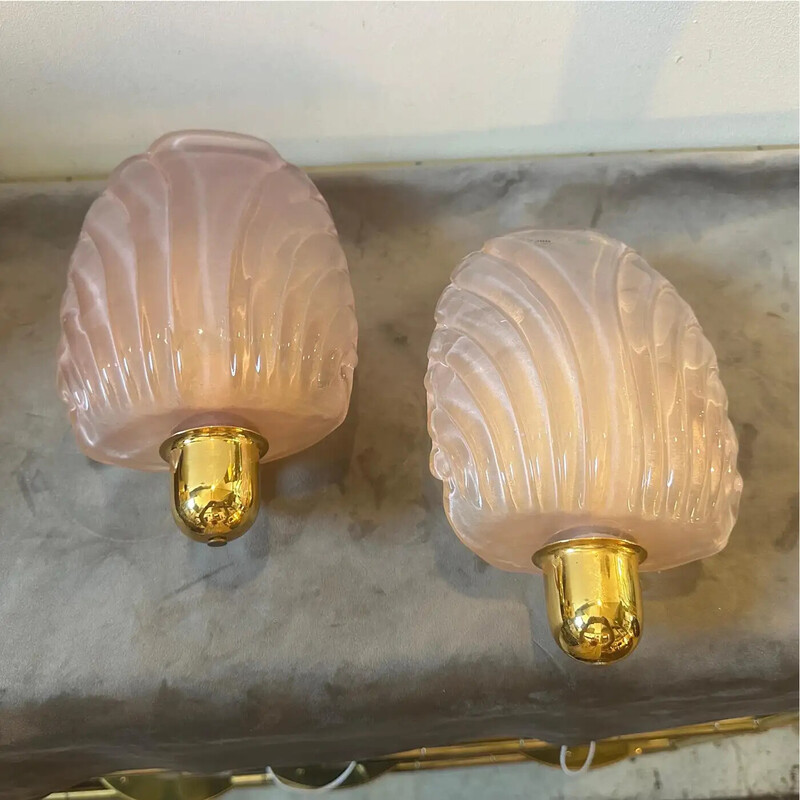 Pair of vintage shell wall lights in pink Murano glass, 1980