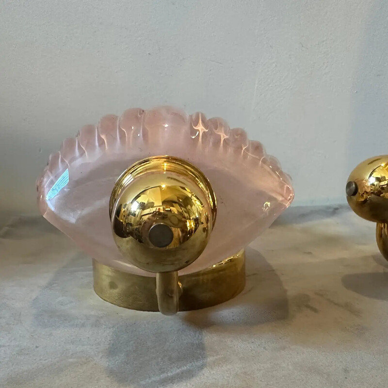 Pair of vintage shell wall lights in pink Murano glass, 1980