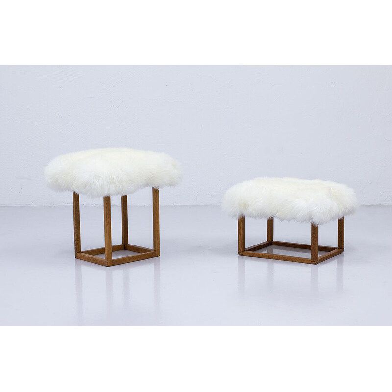 Pair of vintage sheepskin and oak stools by Ab Engens Fabriker, Sweden 1960