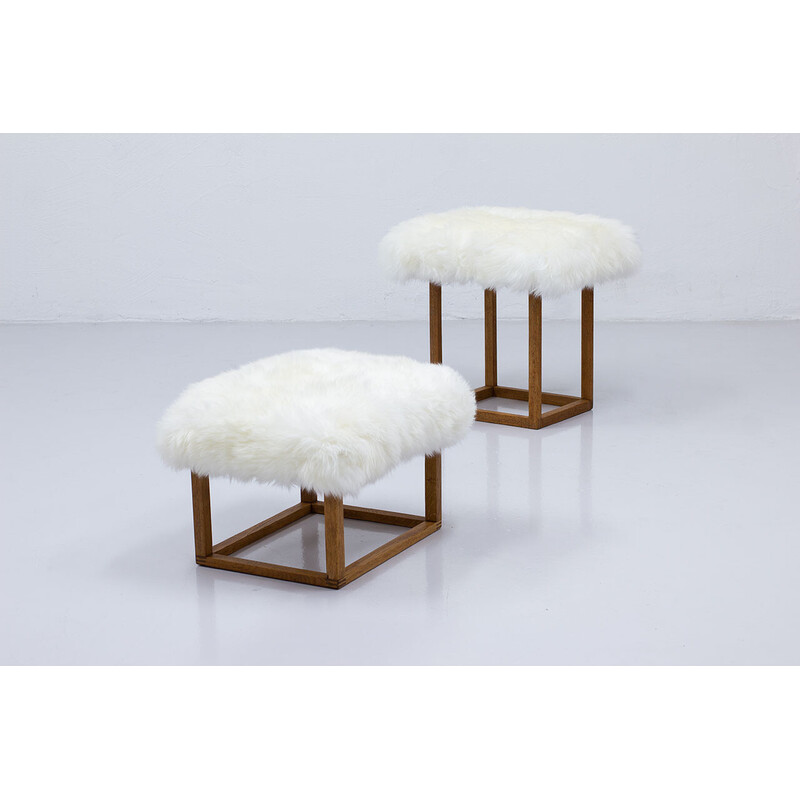 Pair of vintage sheepskin and oak stools by Ab Engens Fabriker, Sweden 1960