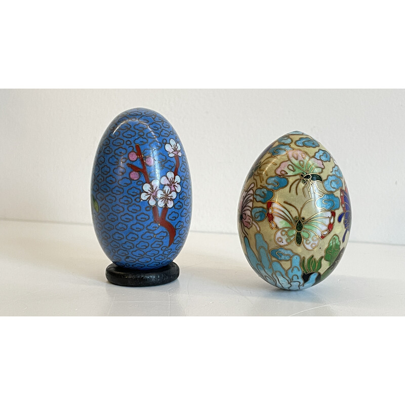 Pair of vintage enameled cloisonné eggs in brass with floral theme